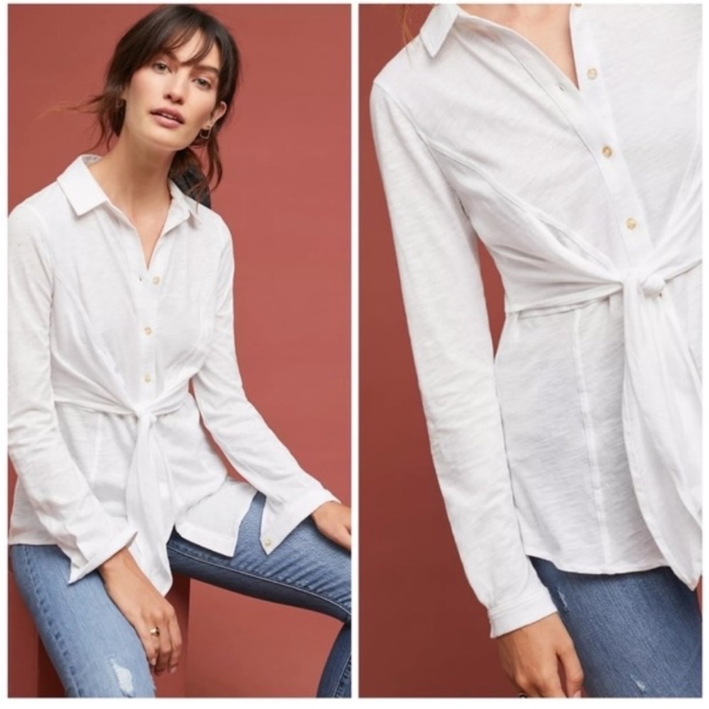 Anthropologie HD in Paris Tie Button Down Shirt in White